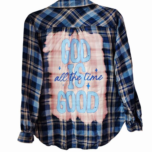 God Is Good All The Time Custom Upcycled Blue Plaid Shirt, OX - Picture 1 of 2